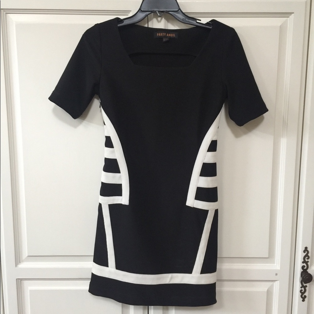 Little Black Dress with White Stripes Detail